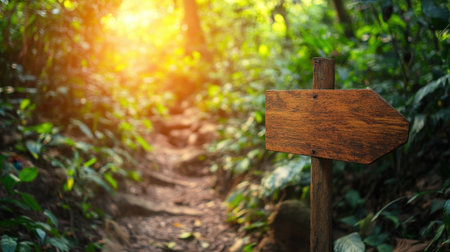 A rustic wooden signpost points the way on a serene forest trail, surrounded by vibrant greenery and warm sunlight, ideal for nature lovers and explorers.の素材