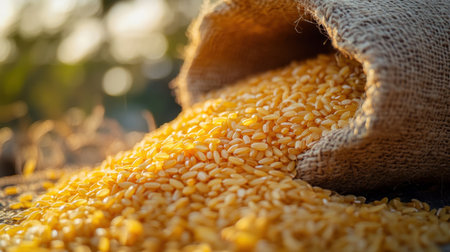 A rustic burlap sack spills golden grains of wheat, showcasing textures and colors against a softly blurred background of nature, emphasizing agricultural abundance and warmth.の素材