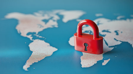 A vibrant red padlock placed on a world map illustrates the themes of global security and the protection of information in our interconnected digital landscape.の素材