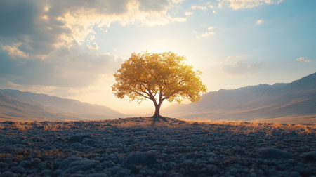 A stunning solitary tree stands on rocky ground under a radiant sunset, surrounded by mountains. Its golden leaves glow in the warm sunlight, symbolizing peace and beauty.の素材