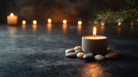 A serene scene featuring a lit candle surrounded by smooth stones, with soft candlelight in the background, perfect for creating a calming and peaceful atmosphere.の素材