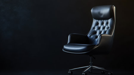 A modern black leather office chair positioned against a dark background, showcasing exquisite craftsmanship and elegant design ideal for any professional workspace or home office.の素材