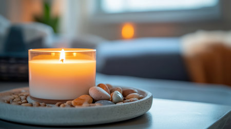A serene setting showcases a burning candle surrounded by smooth stones, creating a warm ambiance perfect for relaxation and cozy evenings at home.の素材