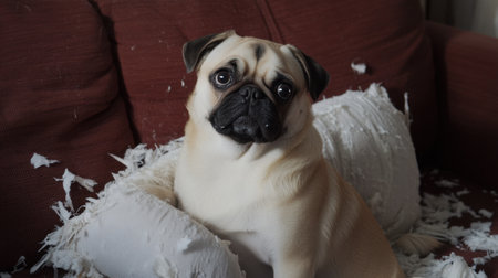A cute pug dog with an expressive face sits on a couch surrounded by fluff from pillows, highlighting its playful character and affectionate nature in a cozy home setting.の素材