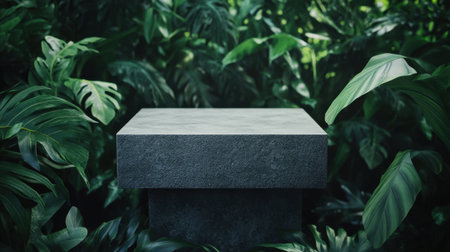 A textured square stone platform nestled among vibrant green tropical leaves, creating a serene atmosphere perfect for nature-themed projects and artistic displays.の素材