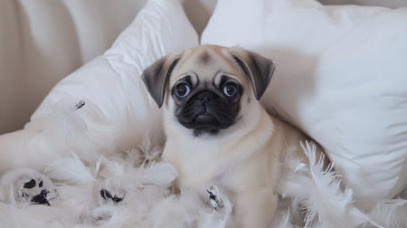 A charming pug puppy resting amidst fluffy white pillows and delicate feathers, evoking feelings of warmth and companionship in a cozy indoor environment.の素材