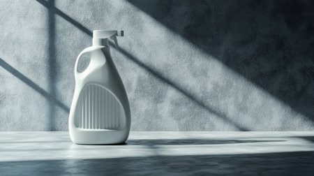 A sleek and minimalist white cleaning spray bottle sits on a stone surface, beautifully illuminated by natural light creating striking shadows. Perfect for modern home settings.の素材