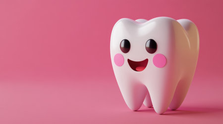 Adorable cartoon tooth character with a big smile on a pink background, ideal for representing dental health, children products, and playful educational materials.の素材