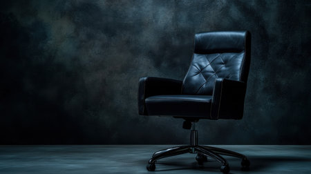 A stylish black leather office chair sits alone against a dark background, offering a perfect blend of comfort and elegance for modern work environments and minimalist interiors.の素材