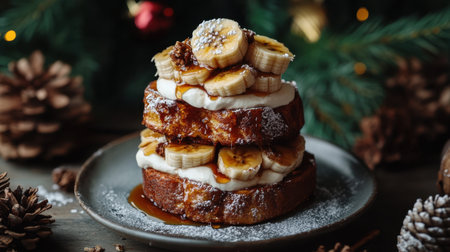 A tempting arrangement of stacked French toast adorned with bananas and creamy frosting, perfect for festive celebrations and cozy winter breakfasts.の素材