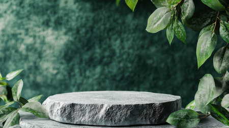 This serene image features a textured stone surface surrounded by lush green leaves against a soft green background, perfect for showcasing products or nature-inspired designs.の素材