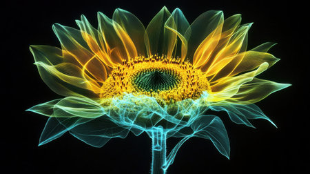 This stunning image showcases a glowing sunflower with radiant petals and vibrant colors, evoking a sense of energy and the beauty of nature, perfect for artistic creations.の素材