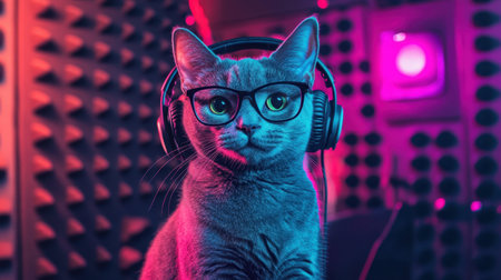 A stylish gray cat with glasses and headphones in a vibrant music studio, surrounded by colorful neon lights. Perfect for conveying creativity and fun in your projects.の素材