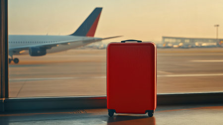 A vibrant red suitcase stands in an airport terminal, with an airplane in the background, symbolizing the essence of travel and the excitement of adventure in every journey.の素材