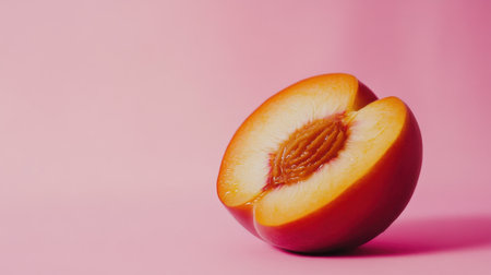 A beautifully sliced peach half showcases its juicy flesh against a soft pink background, perfect for summer recipes, cooking inspiration, or vibrant food photography.の素材