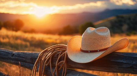 A peaceful sunset scene showcasing a cowboy hat and rope on a wooden fence, set against a beautiful natural landscape illuminated by warm evening light.の素材