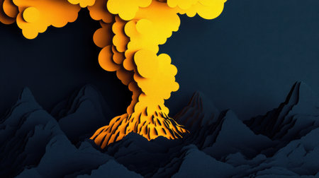 This stunning abstract illustration depicts a vibrant volcanic eruption with swirling smoke and glowing lava set against a dramatic mountain backdrop, perfect for creative projects.の素材