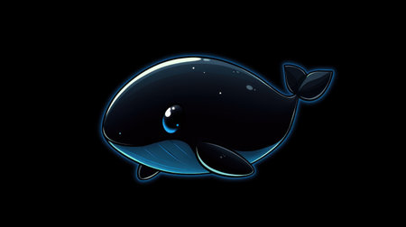 This charming cartoon whale features a sleek black body, sparkling eyes, and a friendly expression, making it ideal for children's books or aquatic-themed projects.の素材