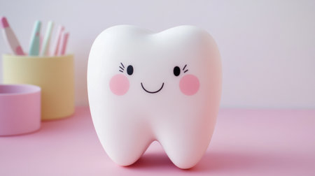 Adorable smiling tooth decoration adds a playful touch to dental care themes, ideal for children's rooms or educational settings, inspiring joy and fun.の素材