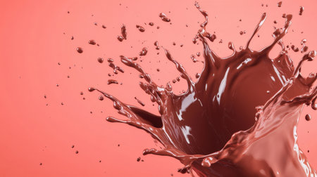 This captivating image showcases a rich chocolate splash against a coral background, illustrating fluid dynamics and vibrant color interplay, perfect for culinary and artistic themes.の素材