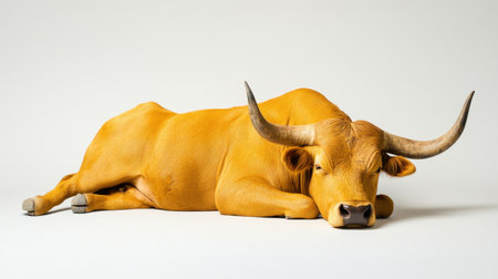 A detailed and vibrant model of a yellow bull resting on a light background, capturing its unique features and calm demeanor, perfect for creative projects and animal-themed visuals.の素材
