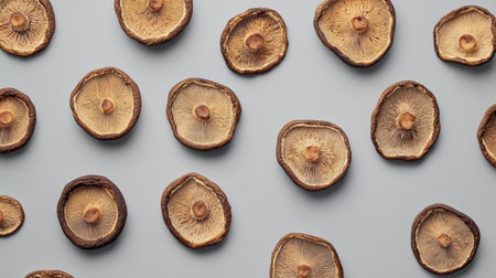 A stunning arrangement of dried shiitake mushrooms on a subtle grey background, showcasing their unique textures and earthy tones, ideal for gourmet culinary use.の素材