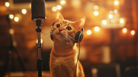 A cute ginger cat wearing headphones gazes at a microphone, set against a backdrop of warm fairy lights, creating a cozy and inviting atmosphere perfect for musical inspiration.の素材