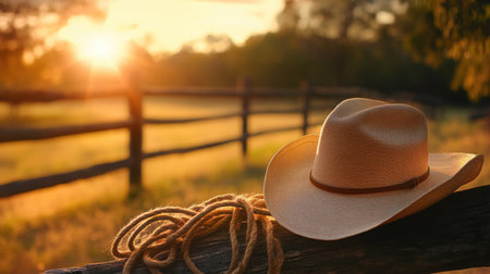 A cowboy hat and a rope rest on a wooden fence in a tranquil sunset scene, showcasing the beauty of rural life and the iconic spirit of the American West.の素材