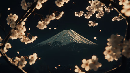 Experience the captivating beauty of Mount Fuji framed by cherry blossoms, capturing a serene night atmosphere perfect for nature lovers and Japan enthusiasts.の素材