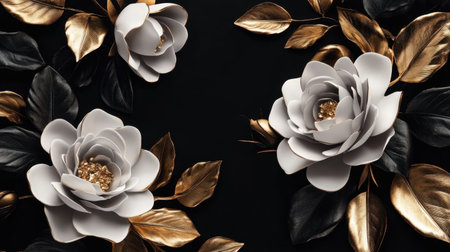 Stunning composition of elegant white flowers and golden leaves on a rich dark background, ideal for luxury-themed projects, invitations, or home decor enhancements.の素材