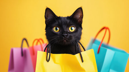 A charming black cat peeks out from colorful shopping bags, showcasing its big, curious eyes against a vibrant yellow backdrop, perfect for pet lovers and lifestyle content.の素材