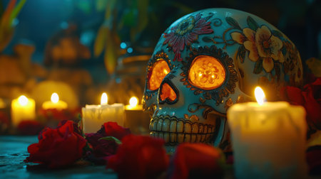A beautifully crafted skull adorned with floral designs, surrounded by flickering candles and fresh roses, evokes the spirit of celebration and remembrance in Mexican culture.の素材