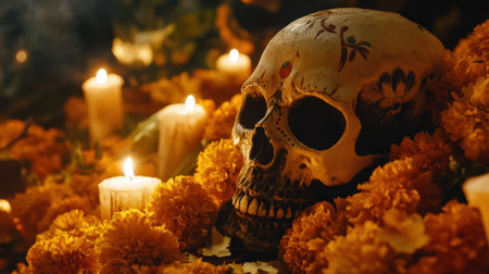 A beautifully arranged sugar skull adorned with marigolds and lit candles, capturing the essence of Dia de los Muertos celebration in a warm and inviting setting.の素材