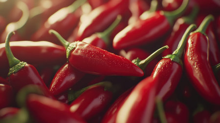 A close-up view of fresh red chilies showcases their vibrant colors and textures, perfect for culinary creations and emphasizing the richness of flavorful ingredients.の素材