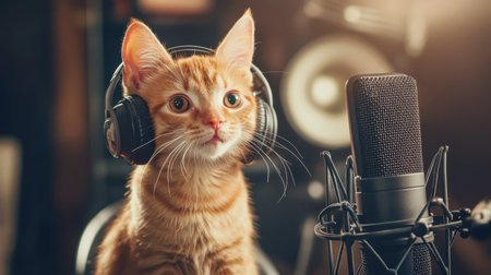 A playful ginger cat wears headphones in a recording studio, showcasing a whimsical indoor atmosphere filled with sound and creativity, perfect for music lovers and pet enthusiasts.の素材