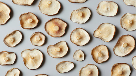 A visually appealing assortment of mushroom caps showcases their intricate textures and natural earthy tones, perfect for culinary art or nature-inspired projects.の素材