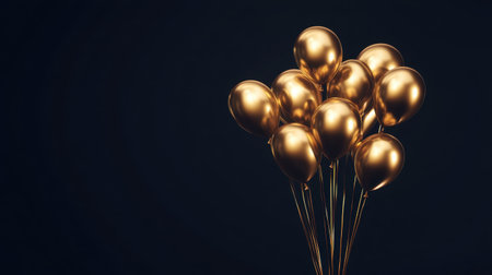 This image features a beautiful arrangement of shiny gold balloons against a dark background, ideal for creating a sophisticated and festive vibe for various celebrations and events.の素材