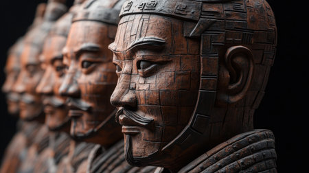 This image captures a detailed view of ancient warrior statues, highlighting intricate carvings and the remarkable craftsmanship that defines historical artistry in a captivating dark background.の素材