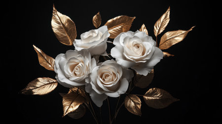 This stunning arrangement features white roses complemented by golden leaves, creating a striking contrast that emphasizes elegance and beauty in minimalistic decor.の素材
