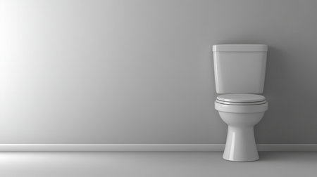 A minimalist bathroom scene featuring a sleek white toilet against a soft gray wall, perfect for home improvement and personal wellness aesthetics in sanitary spaces.の素材
