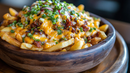Savory loaded fries featuring melted cheese, crispy bacon, and fresh herbs served in a rustic wooden bowl, perfect for sharing and enjoying.の素材