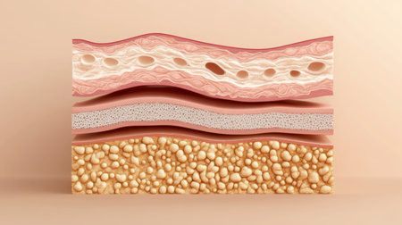 This detailed illustration represents the layers of human skin, showcasing textures and structures for educational use in medical and biological contexts.の素材