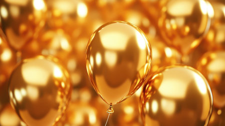A stunning collection of shiny golden balloons creates a vibrant backdrop for celebrations and parties, representing joy and the festive spirit in a beautifully blurred setting.の素材