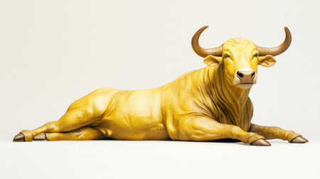 A stunning golden bull sculpture resting on a plain backdrop, highlighting its intricate features and serene demeanor, ideal for artistic and thematic use.の素材