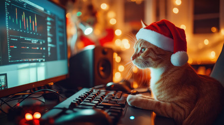 A charming ginger cat wearing a festive Santa hat sits at a computer desk, surrounded by warm holiday lights, creating a joyful and cozy seasonal atmosphere.の素材