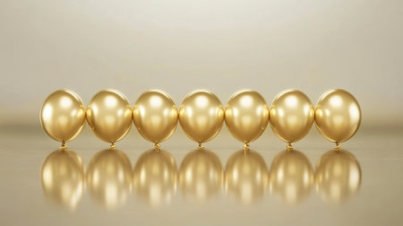 A stunning display of shiny gold spheres arranged elegantly, creating a captivating reflection on a smooth surface, perfect for luxury and celebration themes.の素材