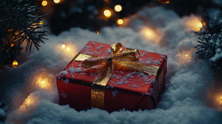 A beautiful red gift box with a luxurious gold ribbon sits on a bed of snow, surrounded by twinkling lights, creating a magical and festive holiday atmosphere perfect for celebrations.の素材