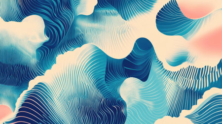 Vibrant abstract waves in blue and peach tones create a dynamic fluid background ideal for modern design projects, art displays, or technology applications, evoking elegance and creativity.の素材