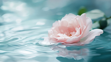 A soft pink rose petal drifts gracefully on turquoise water, creating gentle ripples that embody peace and natural beauty in a calm setting. Perfect for nature-themed projects.の素材