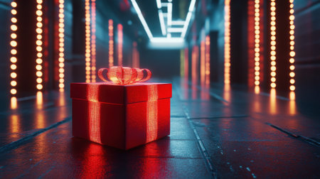 A vibrant red gift box featuring a decorative bow sits in a futuristic corridor, enhanced by dramatic lighting, creating a festive atmosphere for holiday promotions and creative projects.の素材